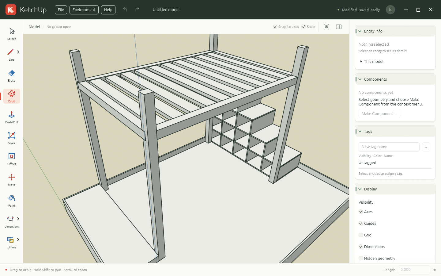 KetchUp’s 3D editor showing a loft bed model, with drawing tools on the left and model controls on the right.
